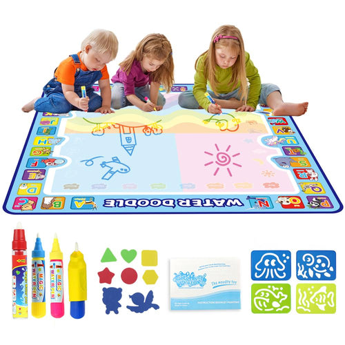 Coolplay 100x100cm Magic Water Drawing Mat Doodle Mat & 4 Drawing Pens & 1 Stamps Set Painting Board Educational Toys for Kids